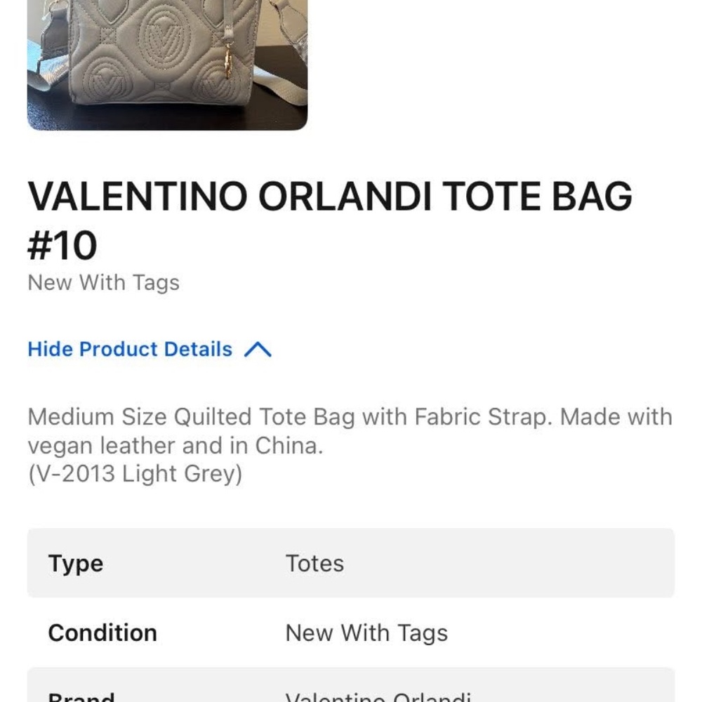 Valentino Orlando grey tote bag. NWT